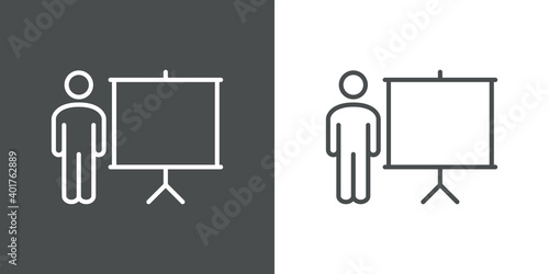 Presentación de negocios. Formación. Icono plano hombre con pizarron con lineas en fondo gris y fondo blanco