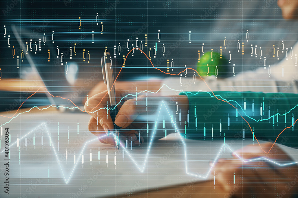 Double exposure of forex chart drawing over people taking notes background. Concept of financial analysis Double exposure of forex chart drawing over people taking notes background. Concept of financial analysis