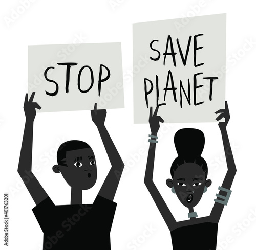 Young Black Character with Poster. Cartoon Style People and Ecology Protest Board. Isolated Person and Banner. Flat Illustration African American Face. Hand Drawn Vector Drawing