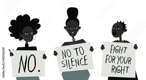 Young Black Character with Poster. Cartoon Style People and Black Lives Matter Protest Board. Isolated Person and Banner. Flat Illustration African American Face. Hand Drawn Vector Drawing