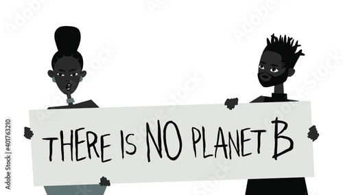 Young Black Character with Poster. Cartoon Style People and Ecology Protest Board. Isolated Person and Banner. Flat Illustration African American Face. Hand Drawn Vector Drawing