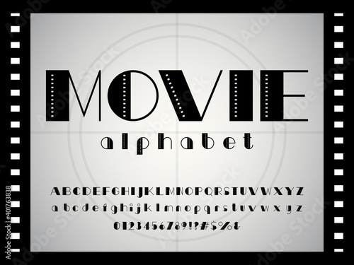 Vintage movie film strip alphabet design with uppercase, lowercase, numbers and symbols
