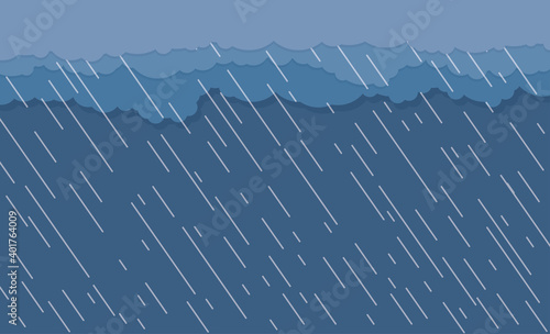 Heavy rain in dark sky, rainy season, clouds and storm, weather nature background, Flood natural disaster, vector illustration. 