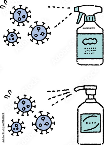 雑菌とアルコール消毒と除菌のイラスト Illustration of germs and alcohol disinfection and sterilization