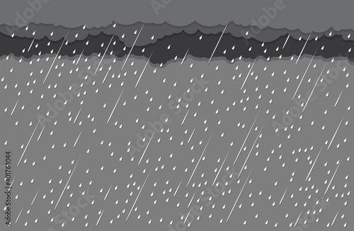 Heavy rain in dark sky, rainy season, clouds and storm, weather nature background, Flood natural disaster, vector illustration. 