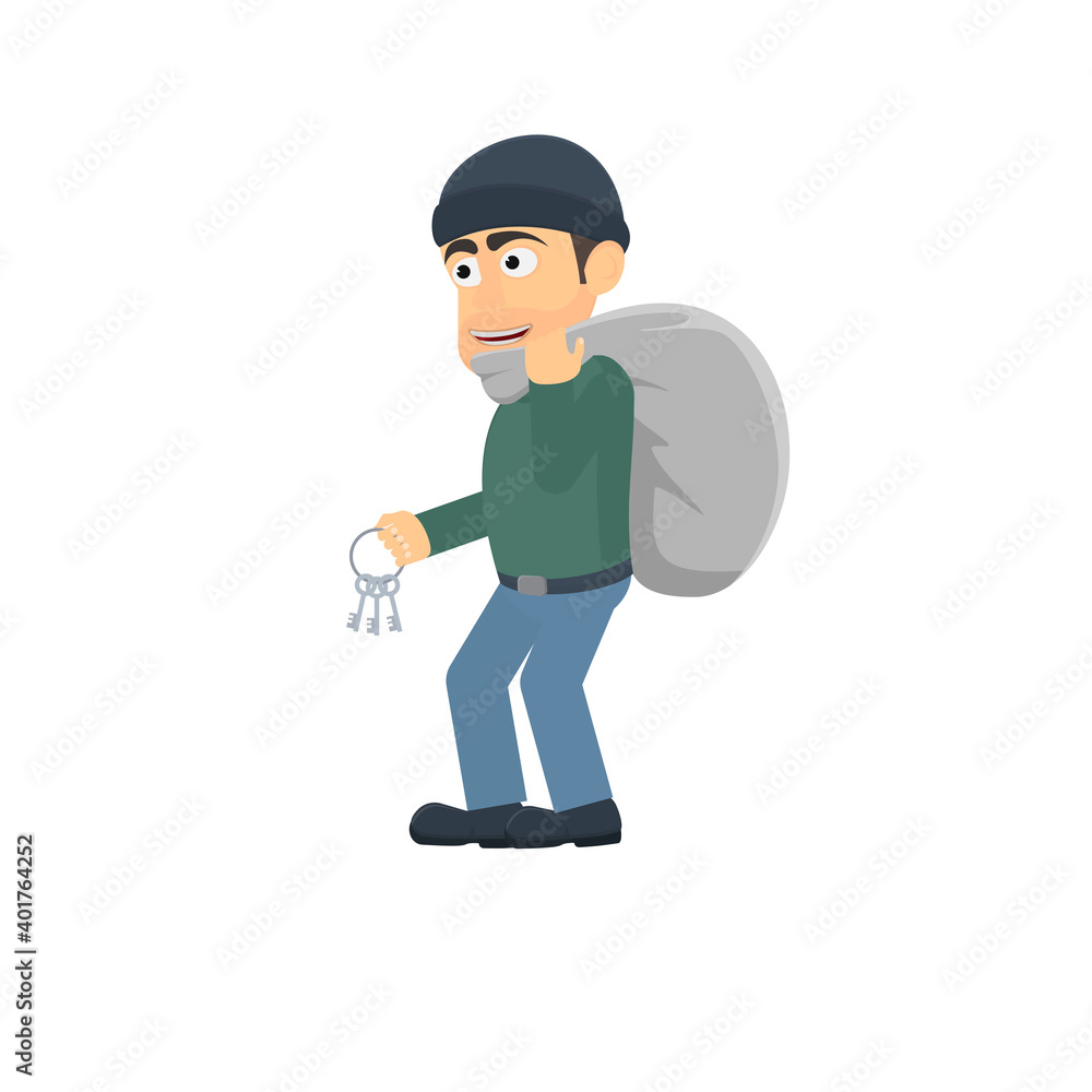 Thief. Robber with a bag and keys, vector illustration