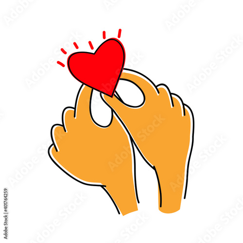 Give love. Hands hand over a heart, a symbol of a volunteer, a donor, a template for Valentine's day.