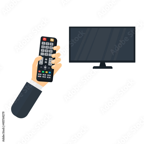 TV remote control in hand. Switch channels in TV, vector illustration