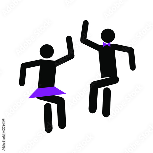  Happy men and women dancing, jumping, hands up pictogram. Human silhouettes, disco, black on white background isolated. Can be used as symbols of the wc door plate.