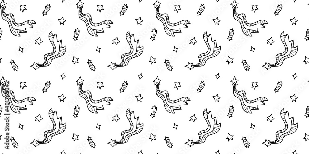 Space black and white doodle seamless pattern - hand drawn line digital paper with space, stars, comet, cute kids seamless background for textile, scrapbooking, wrapping paper