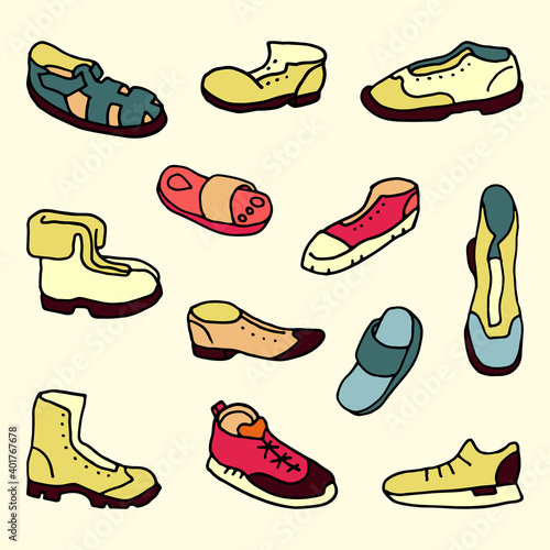 Set of shoes in the style of colored doodle for posters, postcards, notebooks