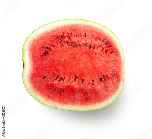 Big red watermelon cut in half, top view, isolated on white background. File contains a path to isolation.
