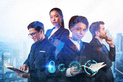 Canvas Print Group of business colleagues as a part of multinational corporate team working on project to protect clients information at cybersecurity compliance division