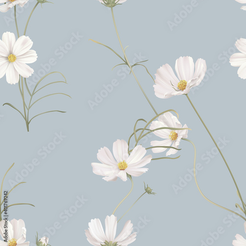 Floral seamless pattern, white and pink cosmos flowers with green leaves on grey