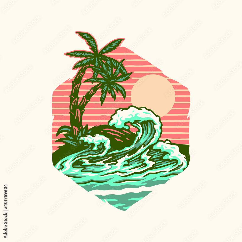 Fototapeta premium Summer beach t-shirt graphic design, hand drawn line style with digital color, vector illustration