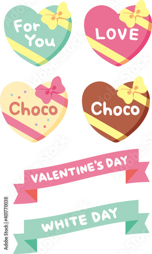 カラフルなハート型のチョコレートとリボンのイラスト素材セット/バレンタインデー/ホワイトデー
