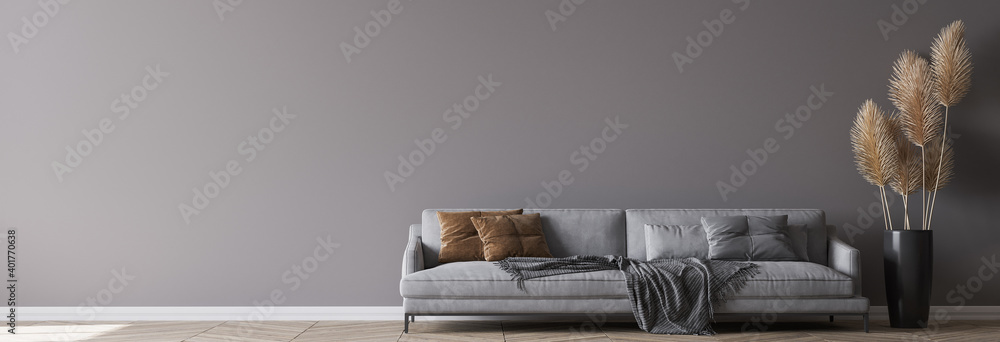 Modern living room interior, gray sofa on dark empty wall mockup, panorama - obrazy, fototapety, plakaty 