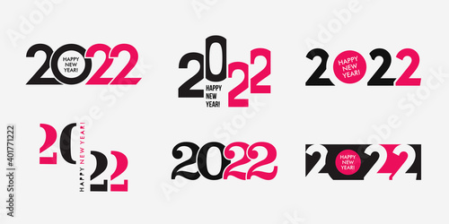 Big Set of 2022 Happy New Year logo text design. 2022 number design template. Collection of 2022 happy new year symbols. Vector illustration with black and pink labels isolated on white background. 