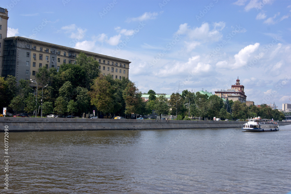 Ship on the Moscow River. Summer season. beautiful view of the city, the Moskva river and boats. River excursion boat trips. Moscow, July 2017.