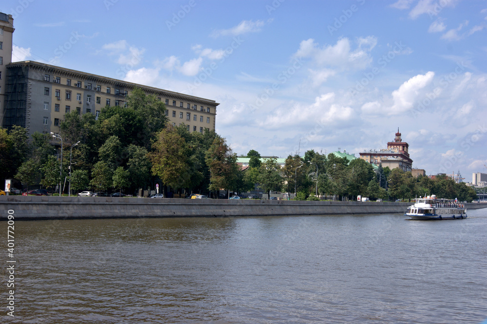 Ship on the Moscow River. Summer season. beautiful view of the city, the Moskva river and boats. River excursion boat trips. Moscow, July 2017. Ship on the Moscow River. Summer season. beautiful view of the city, the Moskva river and boats. River excursion boat trips. Moscow, July 2017.