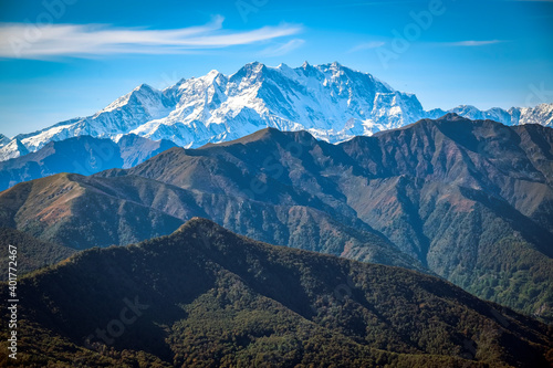 The Monte Rosa Massif mountain range, seen from the top of Mottarone peak (between the Maggiore and Orta Lake, Piedmont, Northern Italy).