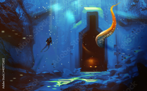 Photography Digital illustration painting design style a man diving to ancient cave, against giant monster