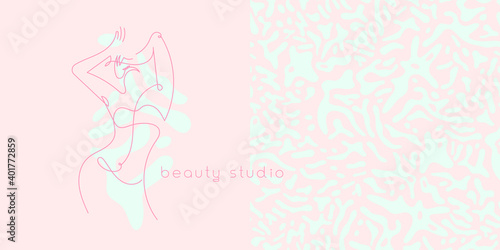 Beauty studio logo design in trendy soft hue. Vector feminine symbol design template minimal line style. Abstract animal skin pattern. Light seamless background for cosmetic label. Body care insignia.