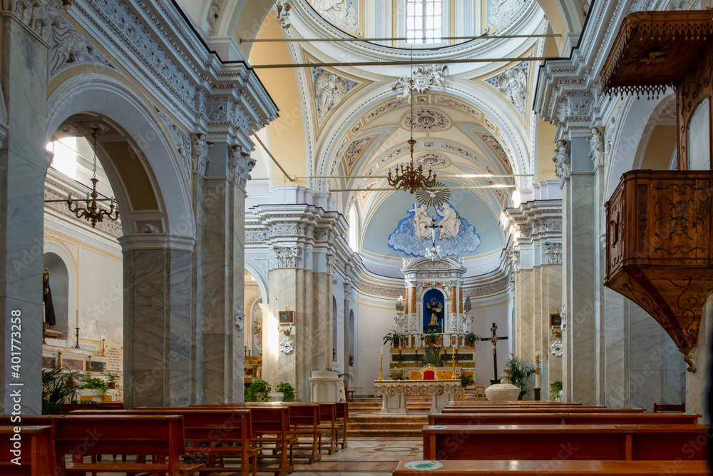 Internal view of a typical church of Stromboli, small island of the Aeolian Archipelago, group of small volcanic islands, located in the Mediterranean Sea, between Sicily and Calabria Regions.