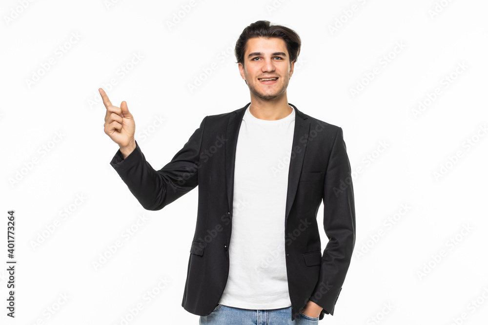 Handsome young business man pointing to his right side isolated on white background Handsome young business man pointing to his right side isolated on white background