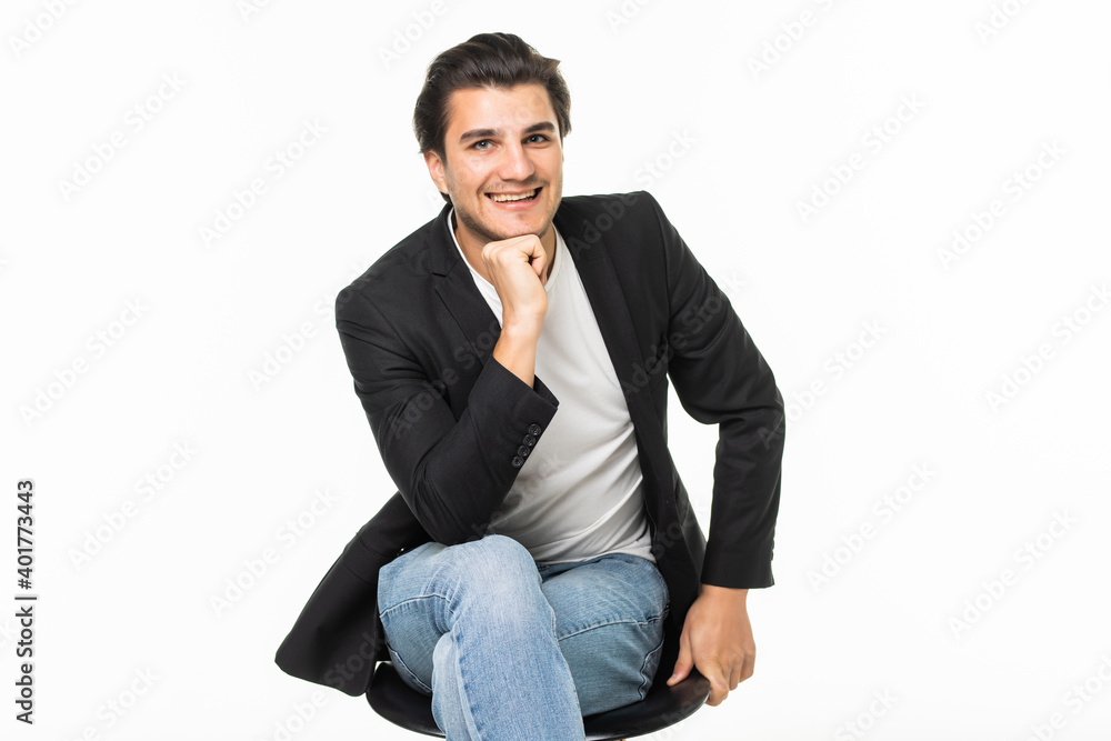 Handsome business man scratching his chin while walking on white background Handsome business man scratching his chin while walking on white background