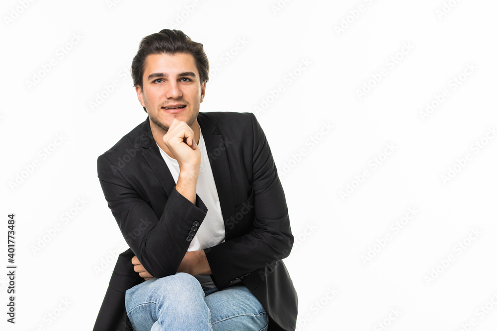 Handsome business man scratching his chin while walking on white background Handsome business man scratching his chin while walking on white background