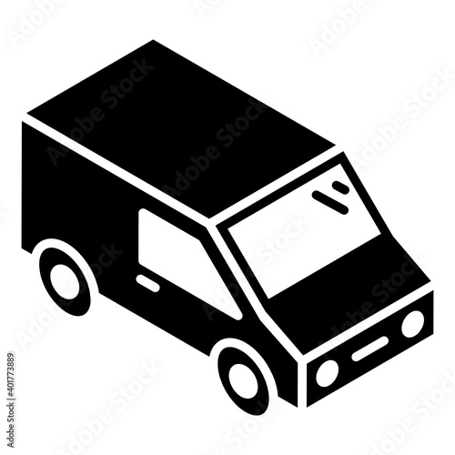 
An icon design of van in glyph isometric design 
