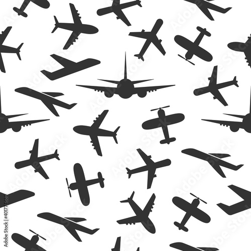 Airplane flight pattern white background. Seamless pattern plane. 