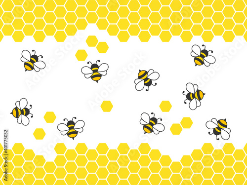 Flying bees with honeycombs. Vector cartoon black and yellow bees isolated on white background.