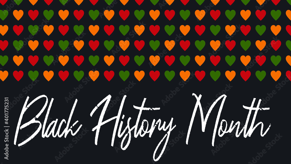 Vector banner Black History Month - annual celebration in USA, African American Emancipation. Script text - Black History Month. Pattern with hearts in African colors - red, green, yellow on black bac