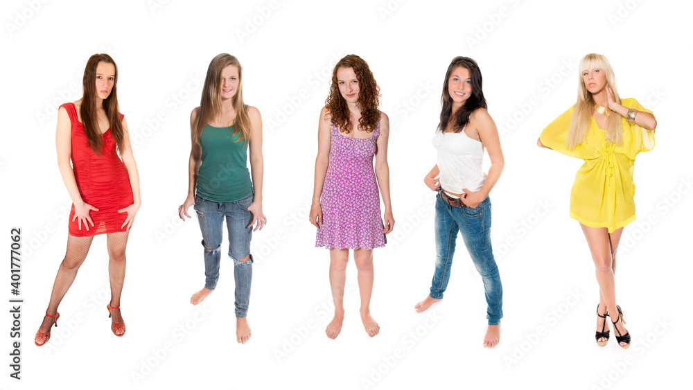 Full length portraits of five attractive young women wearing colorful clothes, isolated on white studio background Full length portraits of five attractive young women wearing colorful clothes, isolated on white studio background