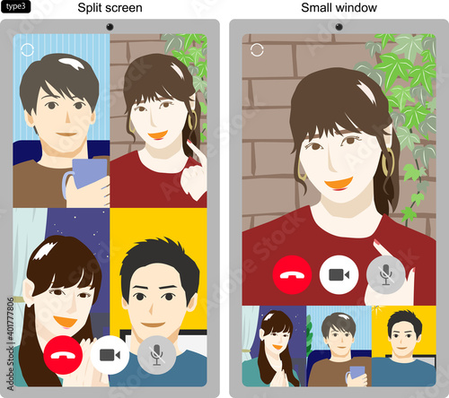 ビデオ通話する若い男女4人のスマホ画面のイラスト3　線なし　2パターン