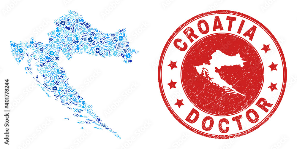 Vector collage Croatia map with vaccine icons, chemical symbols, and grunge healthcare stamp. Red round stamp with unclean rubber texture and Croatia map caption and map. Vector collage Croatia map with vaccine icons, chemical symbols, and grunge healthcare stamp. Red round stamp with unclean rubber texture and Croatia map caption and map.