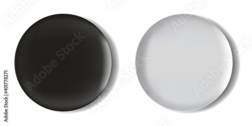 Black and white empty flat plate isolated on white background. Japanese tableware, round melamine dishes, realistic design. Vector for kitchen, restaurant, cooking illustration, mockup for your meal.