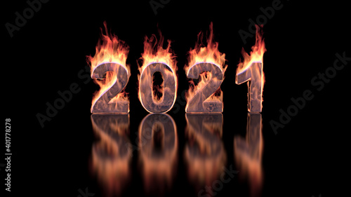 2021 year text burning in fire on glossy surface – 3d animation