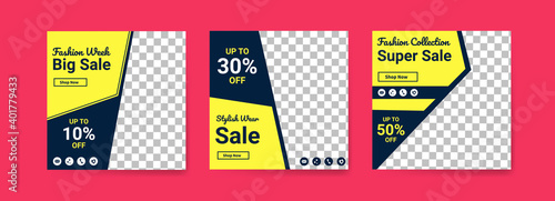 Social media post templates for fashion week. Social media post template for digital marketing and sale promo. fashion advertising. Social media banner offer.