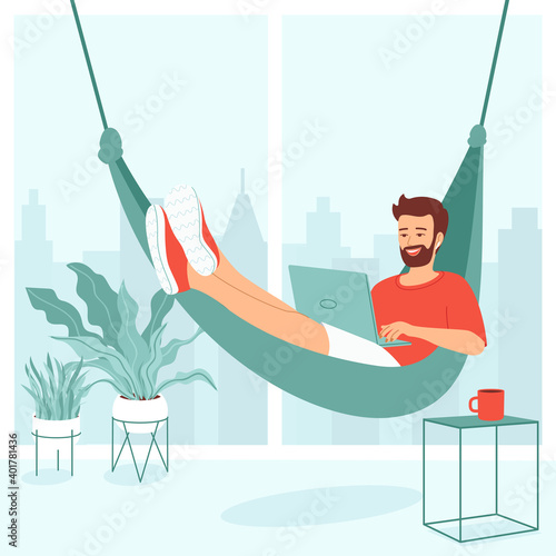 Concept for remote work, freelancing, teaching, e-learning, from home office. Young man is lies in a hammock with a laptop in a room with a large window and houseplants. Cozy vector illustration