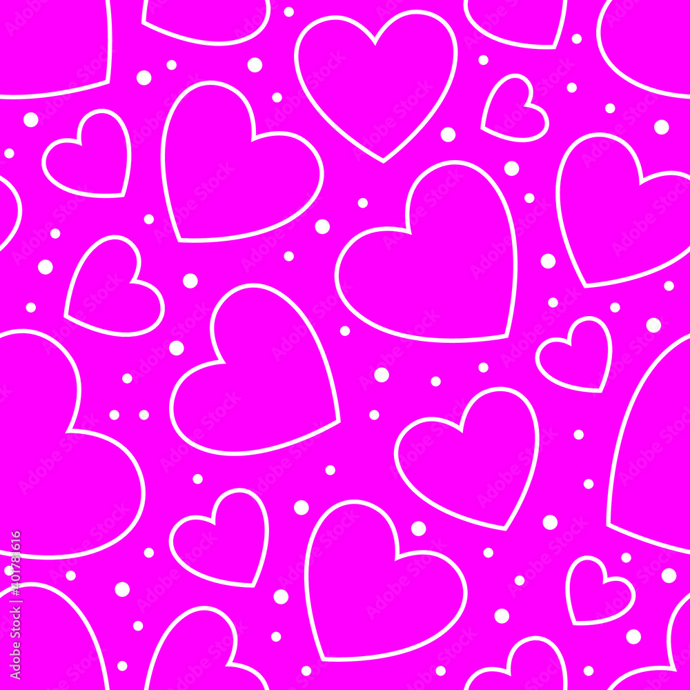 Romantic white contour hearts on pink background seamless pattern. Vector illustration.