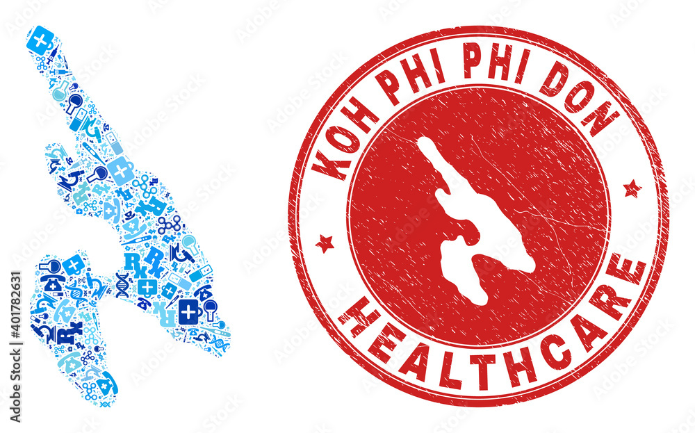 Vector collage Koh Phi Don map with vaccination icons, chemical symbols, and grunge healthcare stamp. Red round stamp with grunge rubber texture and Koh Phi Don map text and map. Vector collage Koh Phi Don map with vaccination icons, chemical symbols, and grunge healthcare stamp. Red round stamp with grunge rubber texture and Koh Phi Don map text and map.
