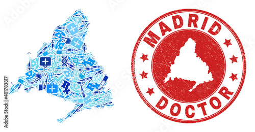 Vector mosaic Madrid Province map of vaccine icons, hospital symbols, and grunge health care seal. Red round seal with grunge rubber texture and Madrid Province map text and map.