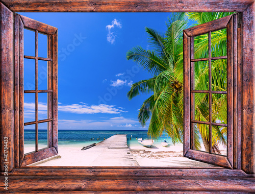 Fototapeta Naklejka Na Ścianę i Meble -  view from the open window of the caribbean sunset