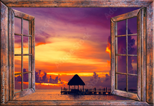 Behang view from the open window of the caribbean sunset