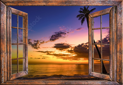 Фототапет view from the open window of the caribbean sunset