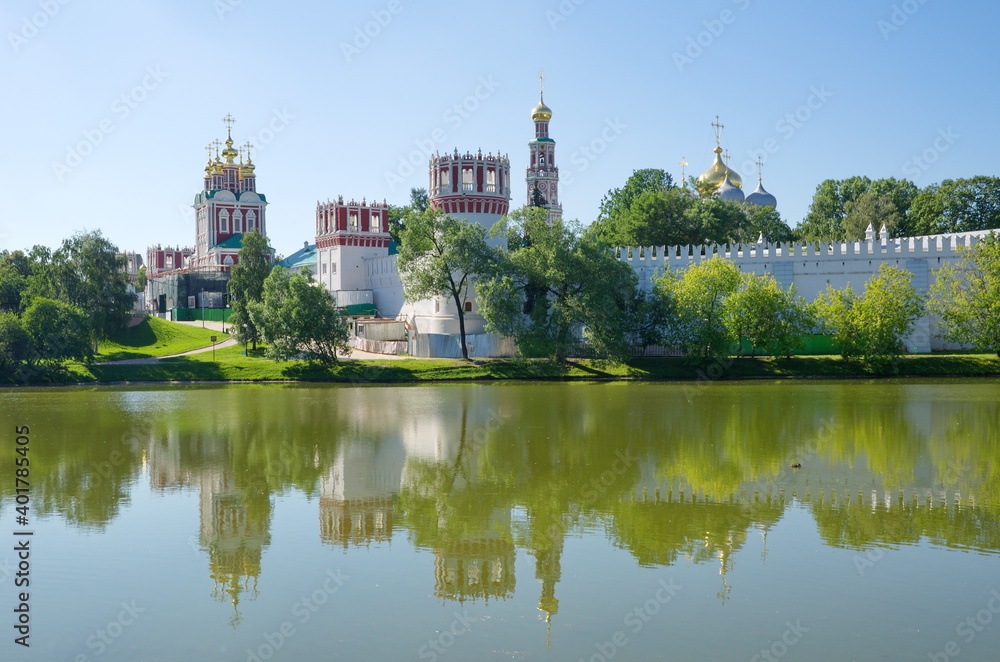 View of the Novodevichy monastery from the pond. Moscow, Russia