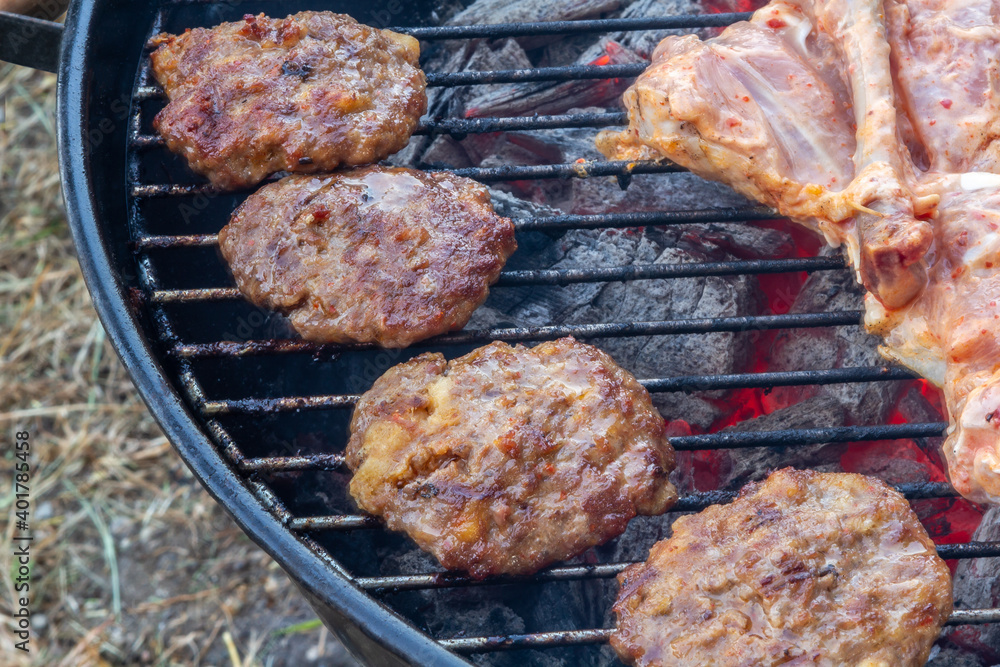 Meatballs and Chicken on grill